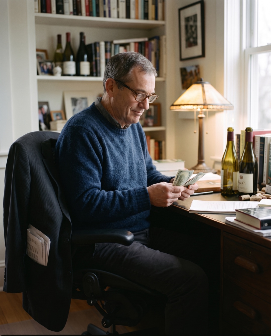 A wine critic counts a small fold of hundred-dollar bills over his desk, suit jacket draped over the chair beside him.