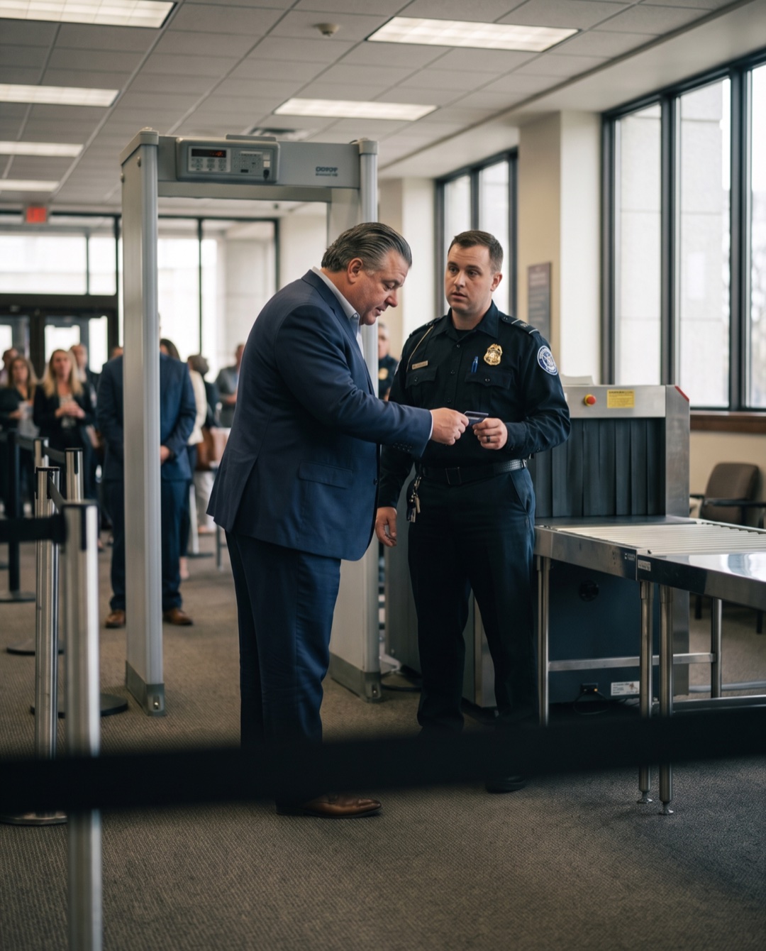 A man in a suit hands a gift card to a security officer at a courthouse metal detector.