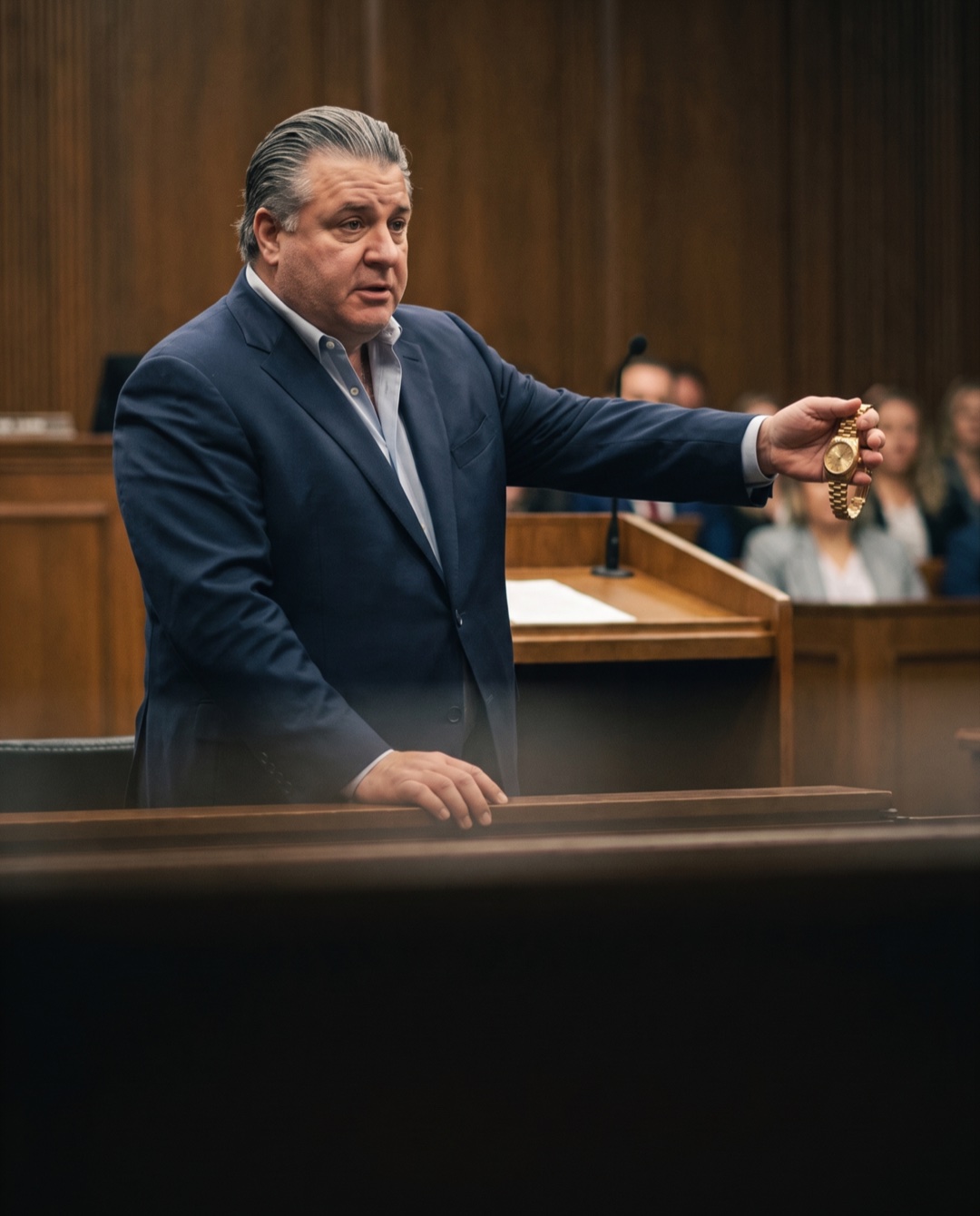 A man in a suit unclasps the watch from his wrist while facing a judge's bench.
