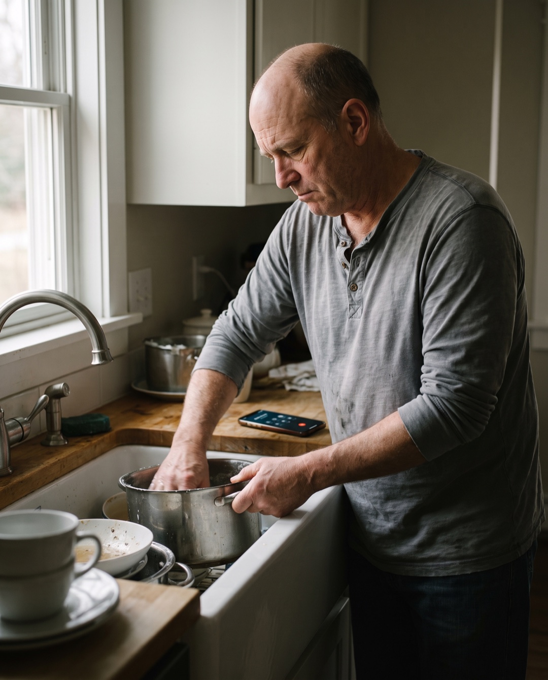 A middle-aged man washes dishes at his kitchen sink while a smartphone lies face-up on the counter behind him, screen glowing on an active call.