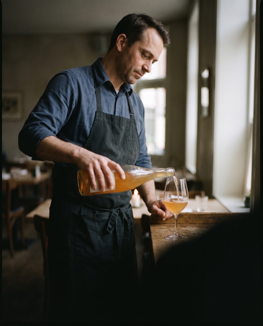 A wine director in a dark apron pours cloudy amber orange wine from an unlabeled bottle into a stemmed glass by candlelight.