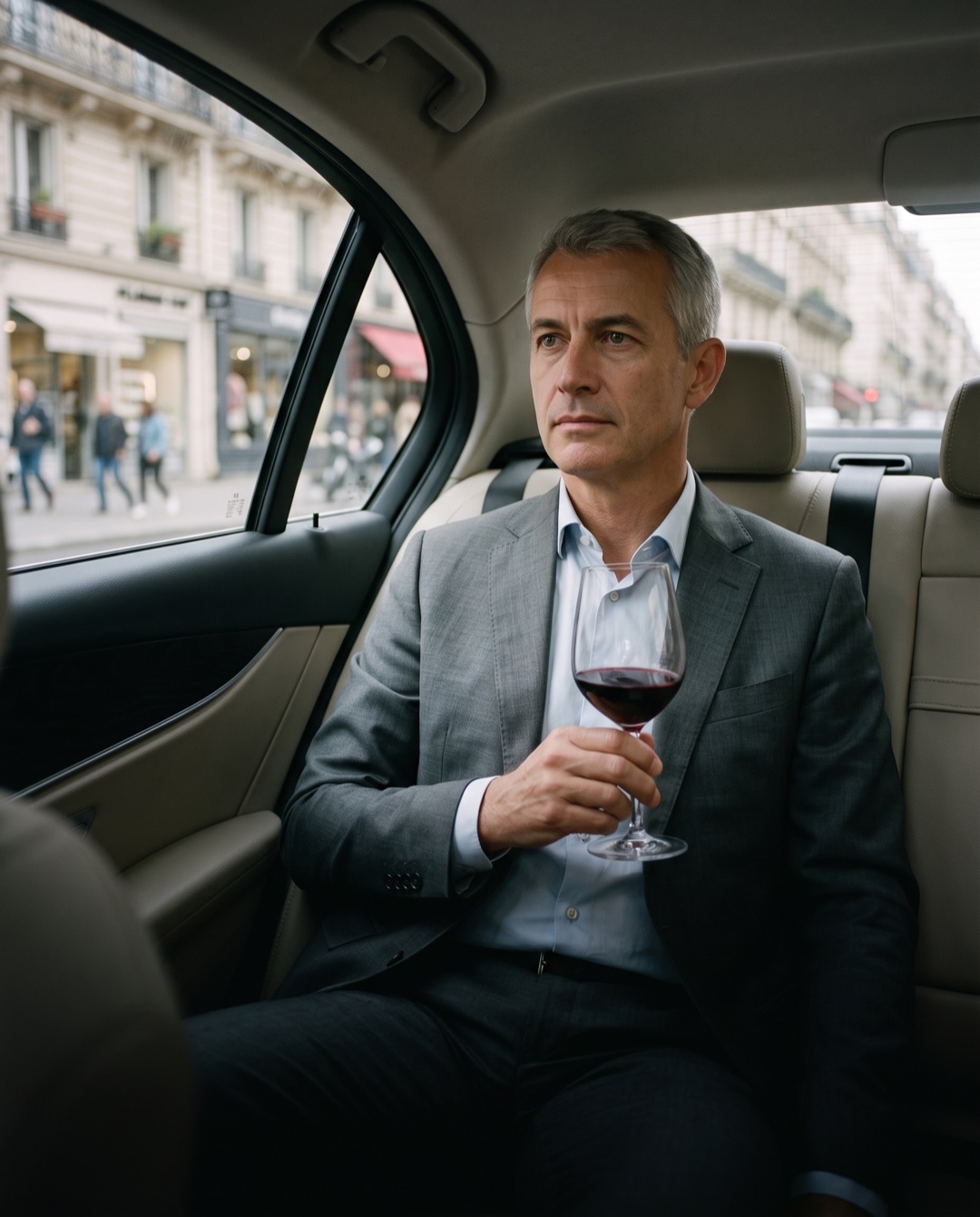 A gray-haired man in a suit sits in the back seat of a moving sedan holding a glass of red wine, his face composed, a French city street blurred through the window.