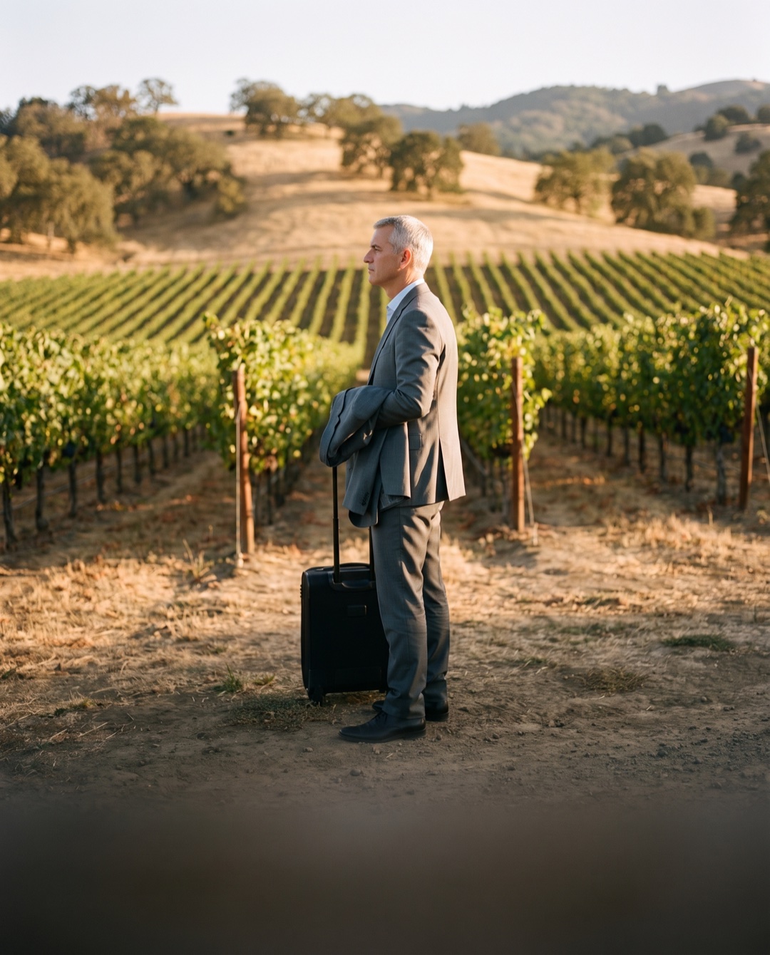 A gray-haired man in a suit stands at the edge of a sunlit Napa Valley vineyard with a small rolling suitcase, jacket over his arm, looking at the vine rows.