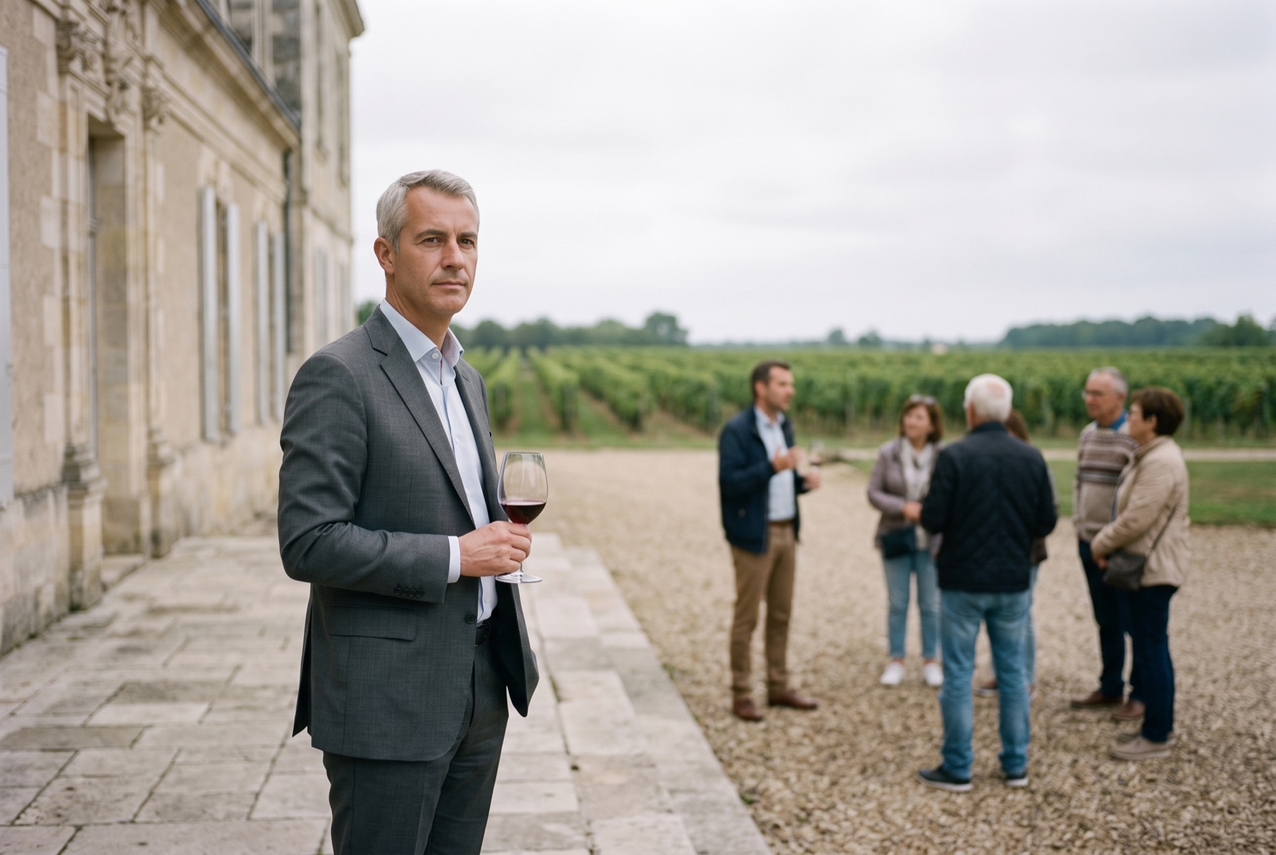 A man in a gray suit stands among tourists on a château terrace, holding a glass and taking no notes.
