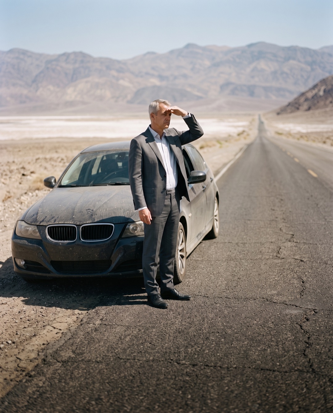 A man in a gray suit stands beside a sedan stopped on an empty desert road, shielding his eyes and looking down the road into the heat haze.