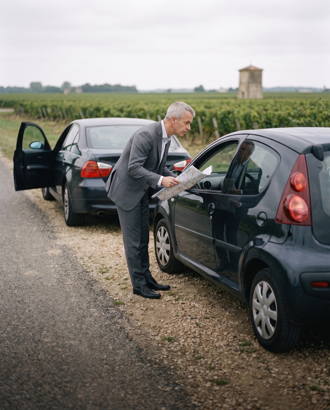 A man in a gray suit leans toward the open window of a car stopped on a vineyard road, holding a folded paper map.