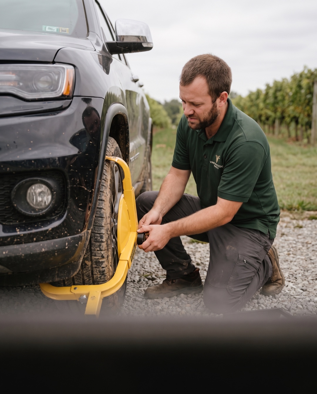 A parking attendant in a winery polo kneels beside an SUV, fitting a yellow wheel boot onto the front tire.