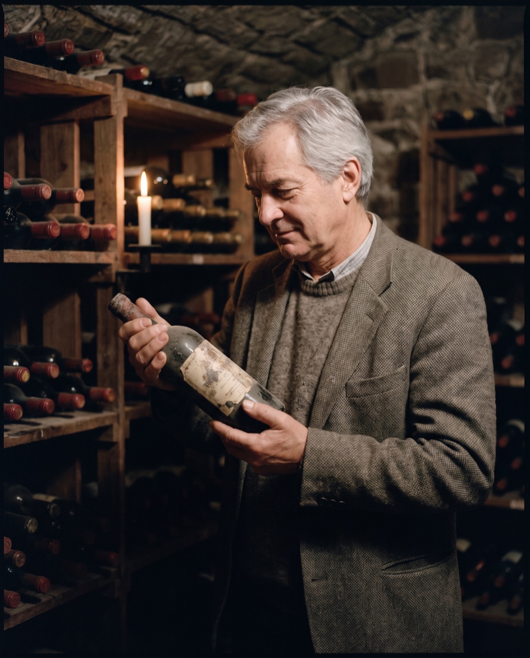 A silver-haired collector in tweed cradles a dusty old bottle in both hands in a candlelit cellar.