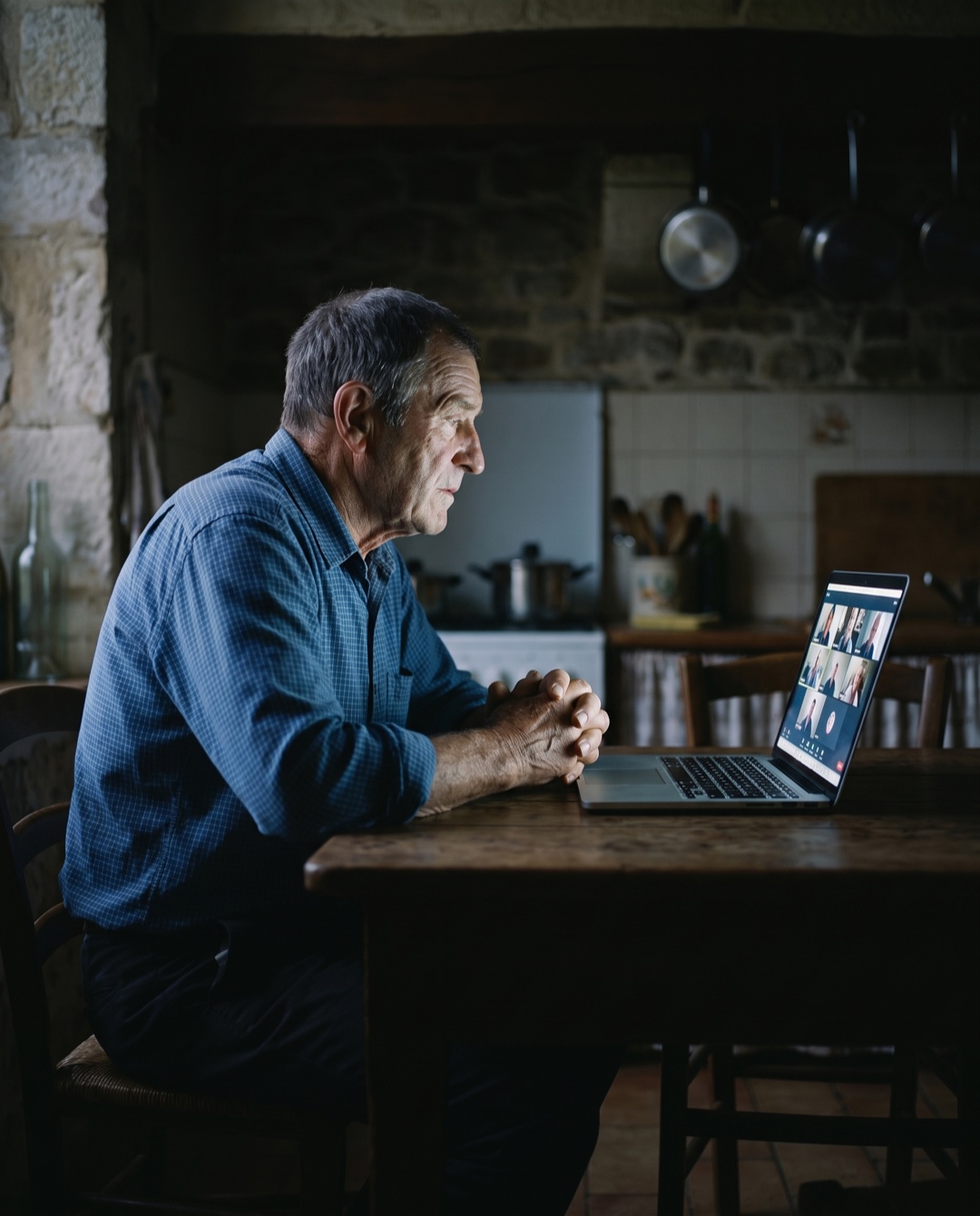 A vineyard owner sits at a farmhouse kitchen table at night, face lit by the glow of a laptop on a video call.