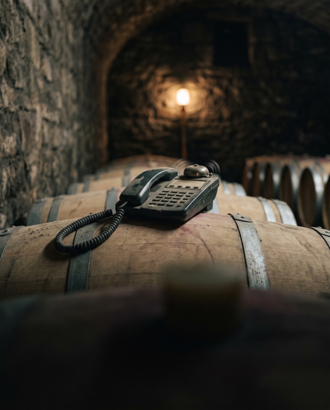 An old corded desk telephone sits on top of an oak wine barrel in a dark, empty barrel cellar.