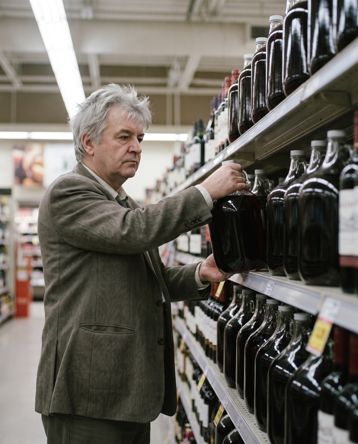 A man in a suit places a large glass jug of red wine on a supermarket shelf stocked with identical jugs.