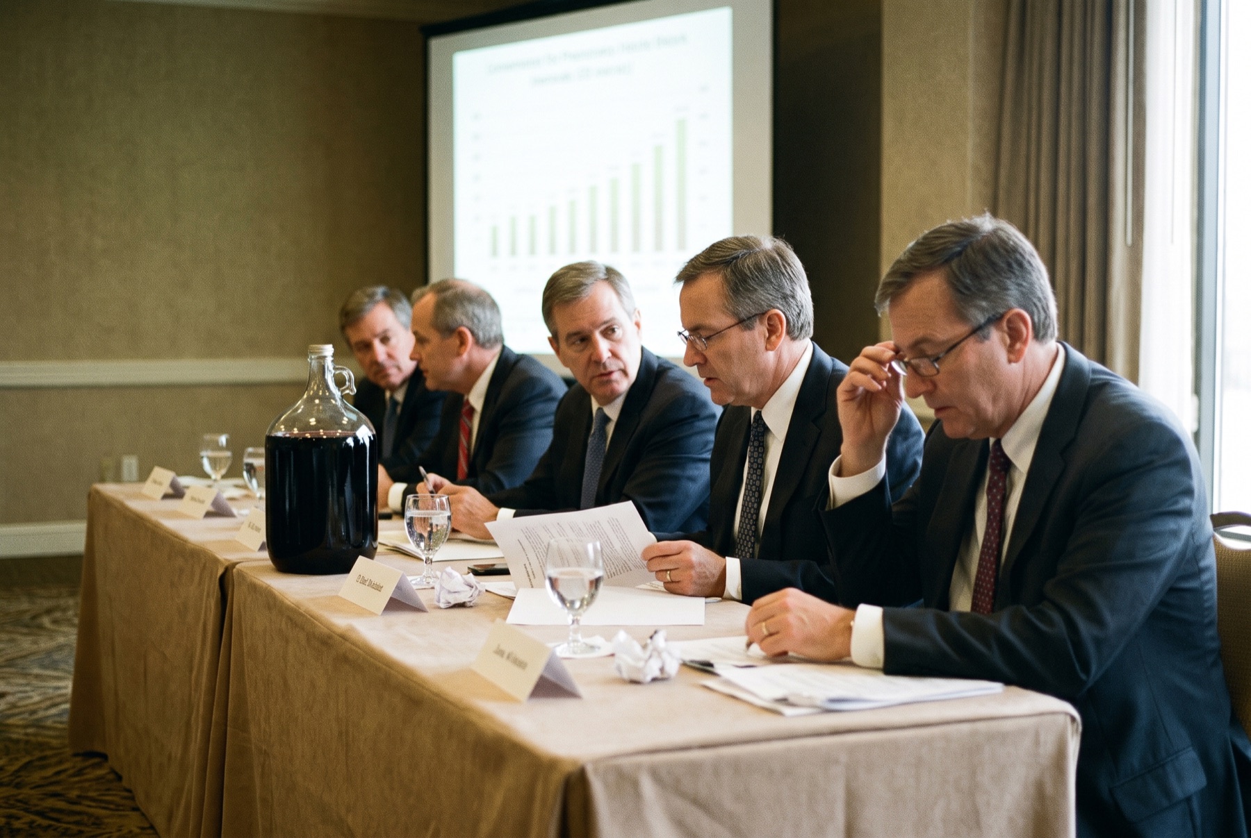 Executives sit at a long conference table in a hotel ballroom as a presentation slide glows behind them.