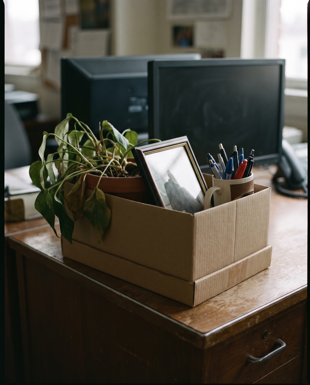 A cardboard box of desk belongings on an empty newsroom desk: a potted plant, a framed photo face-down, a mug of pens.