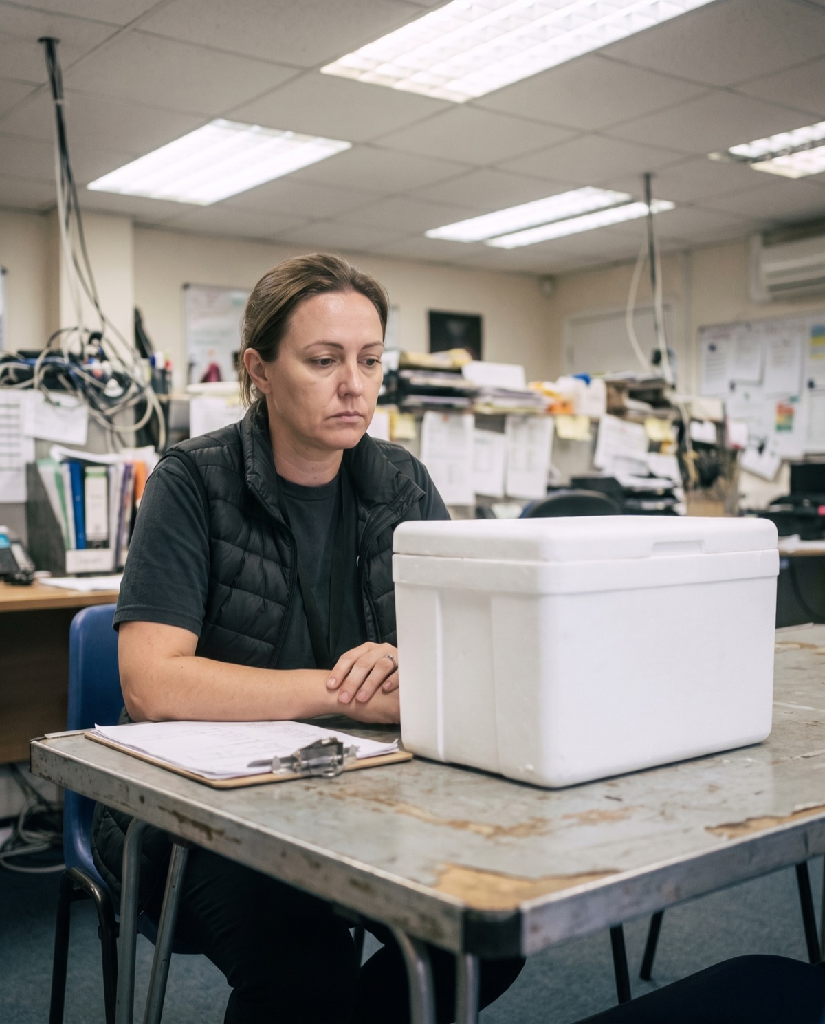A woman sits at a folding table in a fluorescent-lit production office, regarding a closed white cooler.