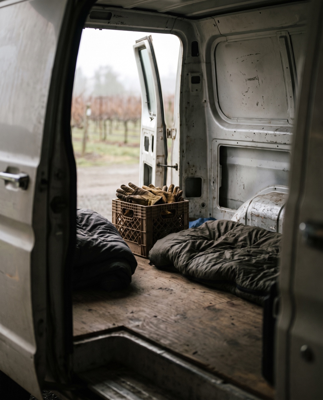 The interior of an old cargo van: two sleeping bags on a plywood floor and a milk crate of work gloves.