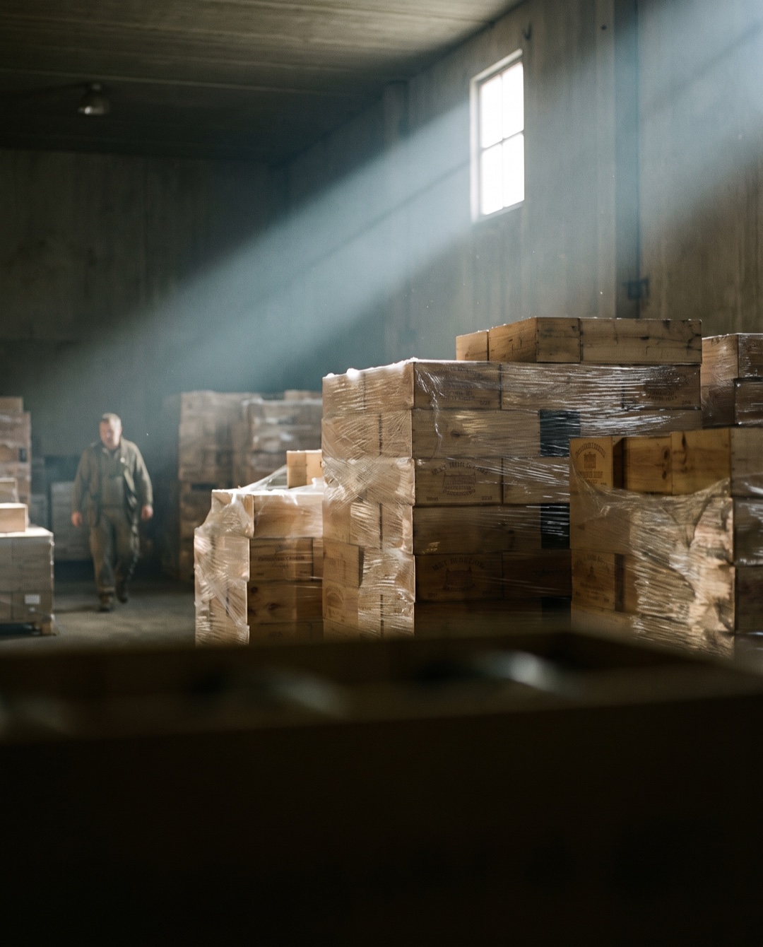 Wooden wine cases stacked high and shrink-wrapped in plastic in a dim climate-controlled warehouse.