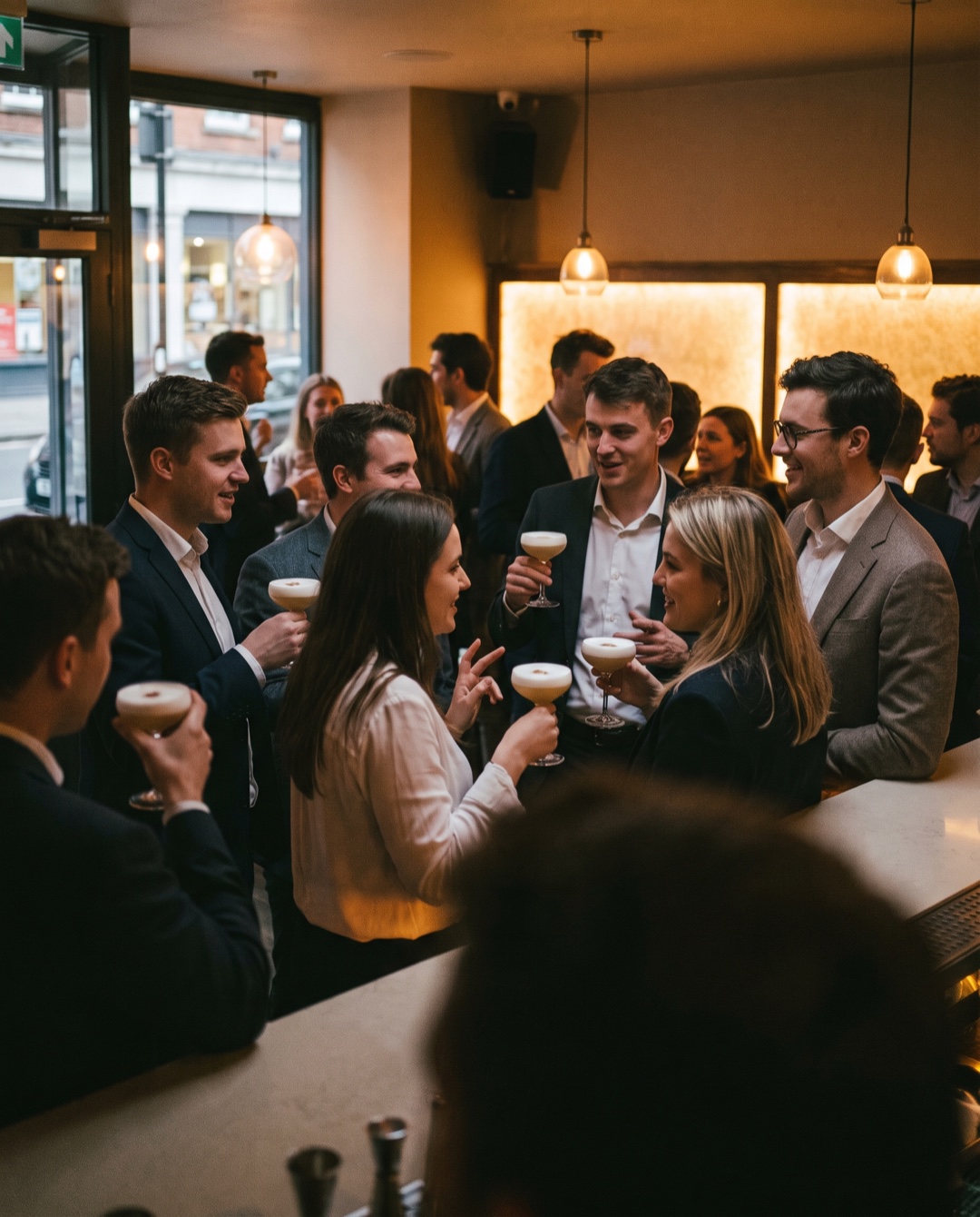 Young professionals crowd a dim cocktail bar, each holding a coupe topped with white foam.